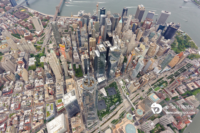 Wide-angle aerial view over World Trade Center and Lower Manhattan, looking south-east towards the East River