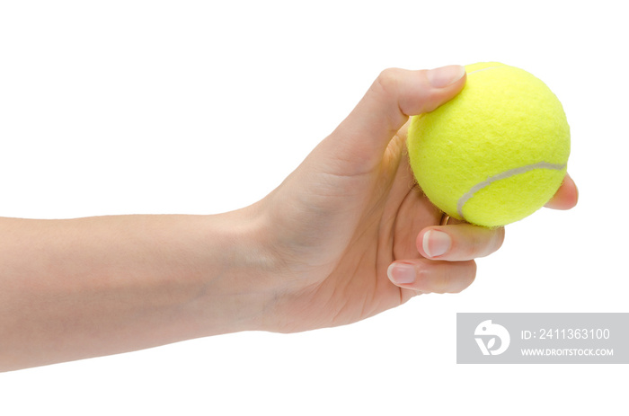 hand of young girl holding tennis ball.