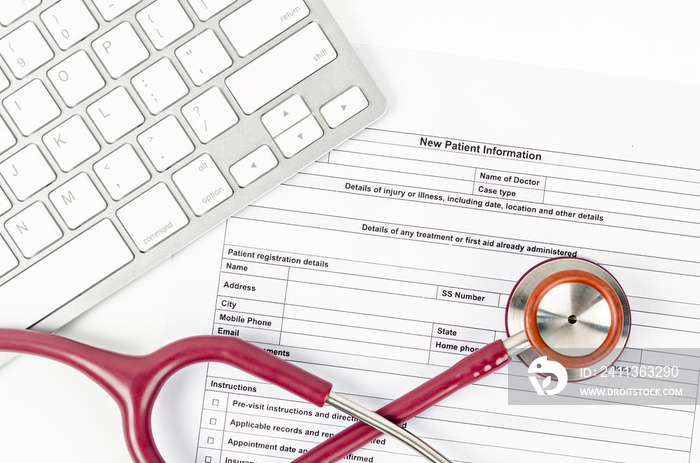 New patient medical record form and stethoscope medical.