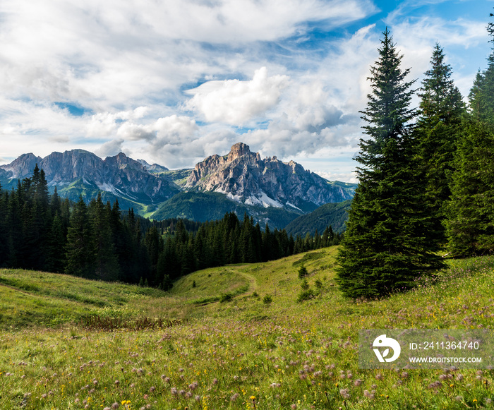 Beautiful Dolomiti mountains above highest part of Alta Badia valley in Italy