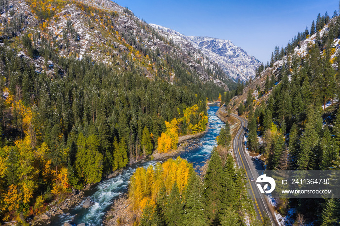 Aerial view of the Wenatchee River running through the Leavenworth valley during the fall colors