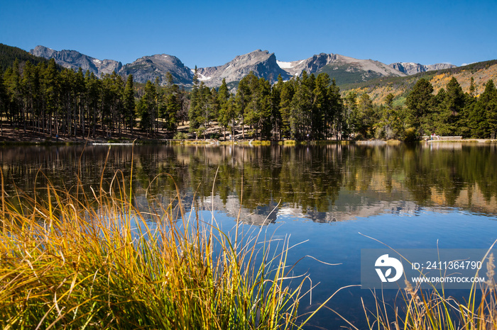 Bear Lake and surrounding mountains in Rocky Mountain National Park, Colorado.