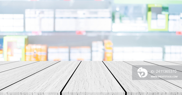 abstract blurred clean pharmacy drug store shelf with medicine for shopping with white wood texture plain for ads,promote product on display