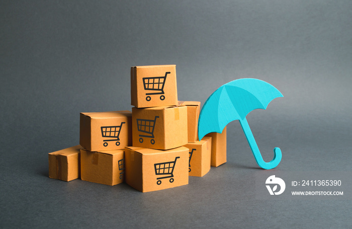 Many boxes with a pattern of shopping carts and umbrella. insurance purchases. Providing warranty on purchased products. Consumer rights. Protection. Support of the national manufacturer by government