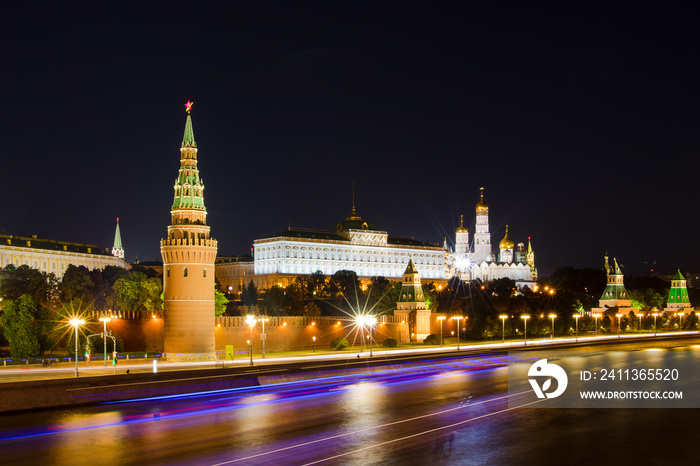 Moscow Kremlin and Moscow river, view from embankment in the evening. Russia.