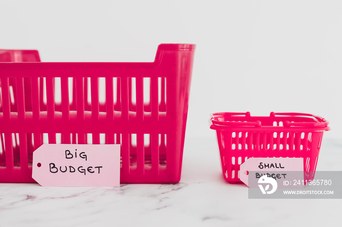 big vs small budget concept with different size shopping baskets with text on price tags