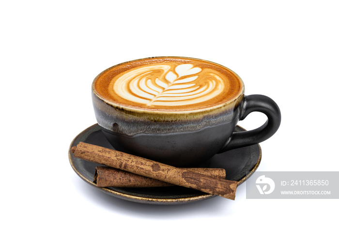 Side view of hot latte coffee with latte art and cinnamon sticks in a vintage matt black cup and saucer isolated on white background with clipping path inside. Image stacking techniques.