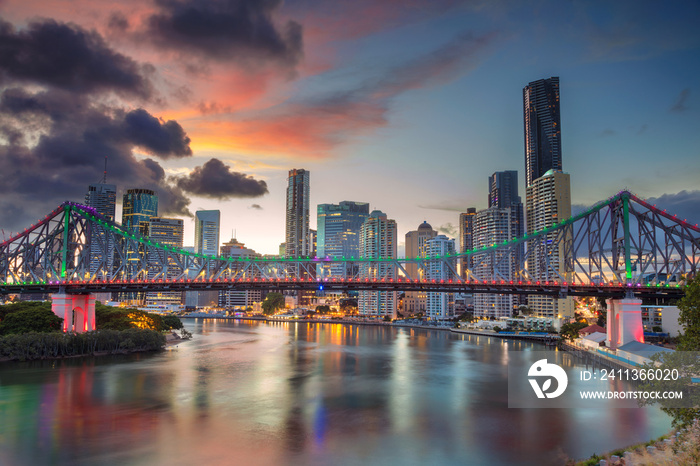 Brisbane. Cityscape image of Brisbane skyline, Australia with Story Bridge during dramatic sunset.