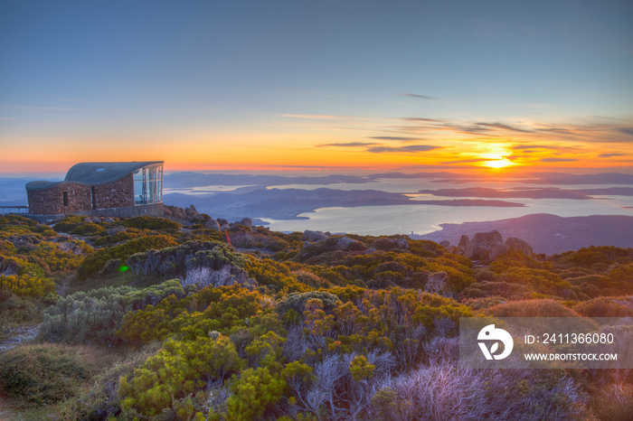Sunrise view of Pinnacle shelter at Mount Wellington in Hobart, Australia