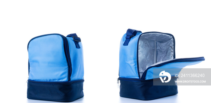 Delivery bag set. Blue camping freezer collection, cooler box for cold lunch food isolated on white background. Delivery bag for for office, school, university or travel.