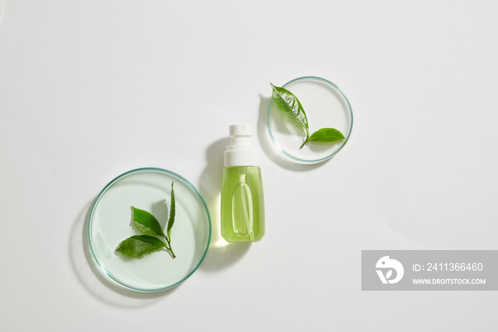 A top view of green tea decorated in petri dish with cosmetic jar for advertising