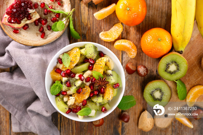 fresh mixed fruit salad ( clementine, banana, kiwi and pomegranate)