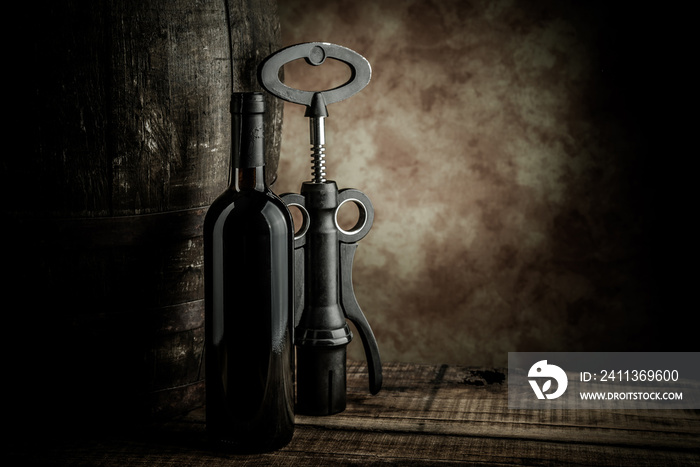 wine bottle and barrel with corkscrew