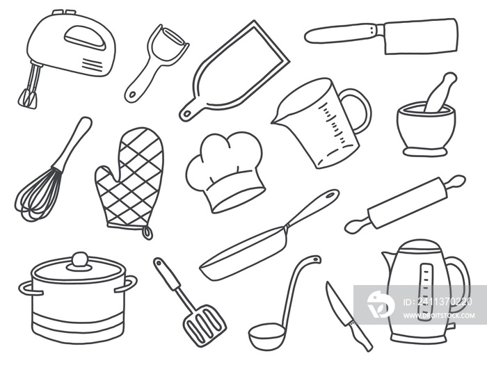 Illustration of items from the kitchen. Cooking utensils. Cooking accessories.