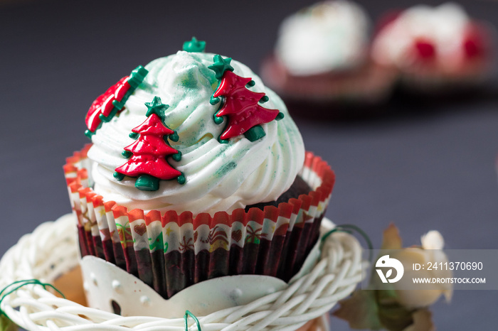 close-up photograph of christmas cupcake with unfocused background