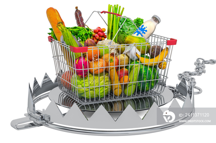 Shopping basket full of products inside bear trap. 3D rendering