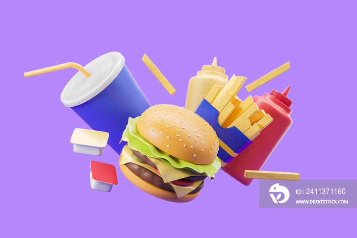 Burger, French fries and drink over purple