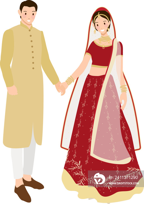 beautiful Indian couple bride and groom in traditional wedding sari dress