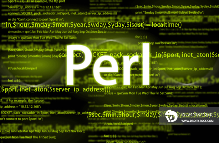 Perl code on dark background and word Perl. Perl programing language