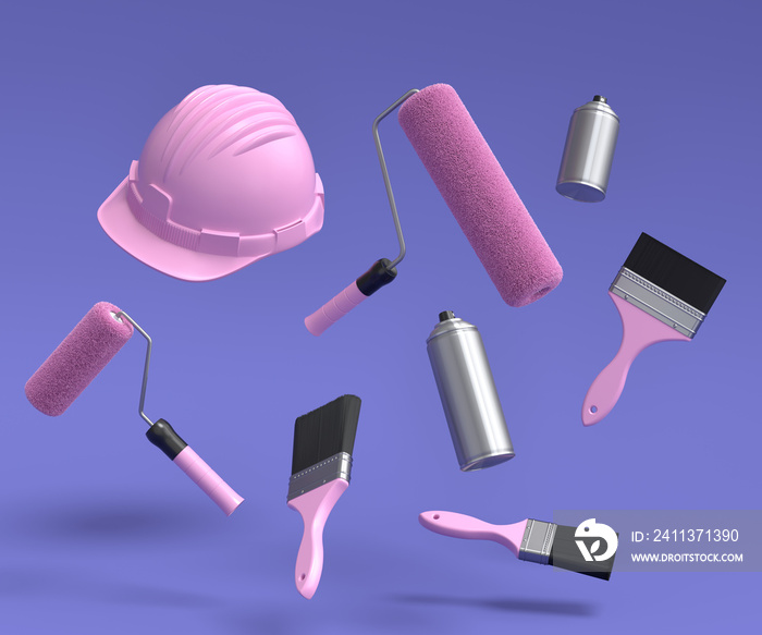 Set of flying safety helmet, spray with paint rollers and brushes on violet