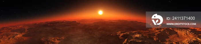 Panorama of Mars from the orbit of the planet at sunrise