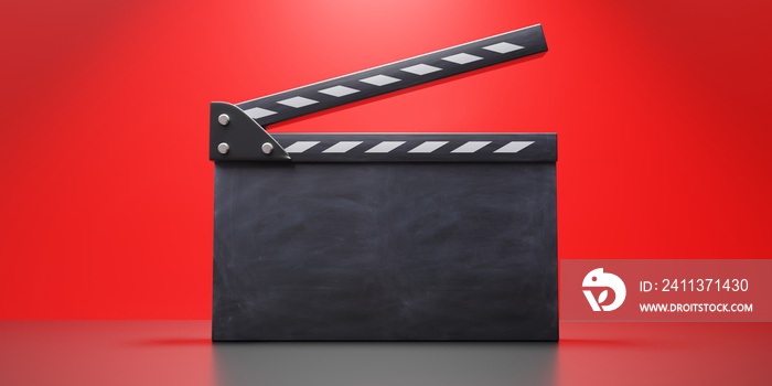 Movie clapper, blank empty clapperboard on red background, copy space. Filmmaking, video. 3d render