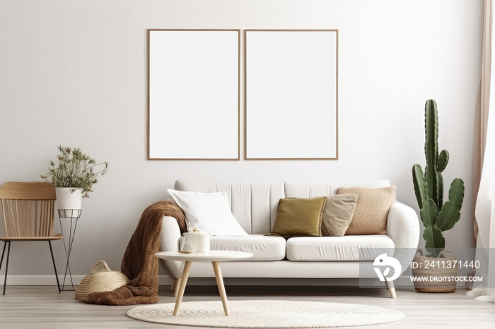 Beautiful Boho Blank Photo Frame Mockup in Neutral Muted Pastel Coloured Room wth Cactus Plants and Pampas Grass