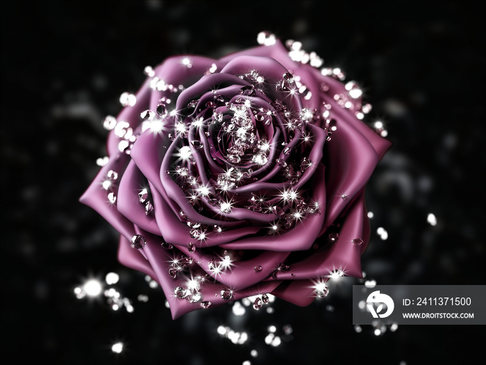 Close-up on a pink rose with falling down diamonds