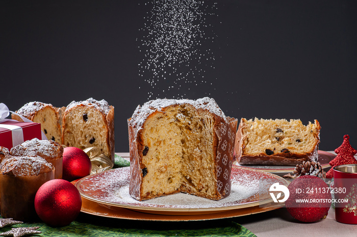 .Artisanal panettone of natural fermentation, with chocolate and chestnuts. Christmas dessert