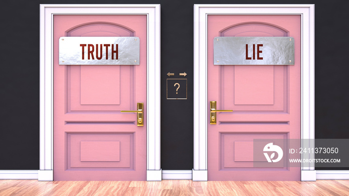 Truth or Lie - making decision by choosing either one. Two alternative options manifested as doors leading to different outcomes. Selection and picking up either Truth or Lie.,3d illustration