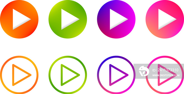 Play button icon set. Play button with gradient, Play button outlines. Colorful play button.