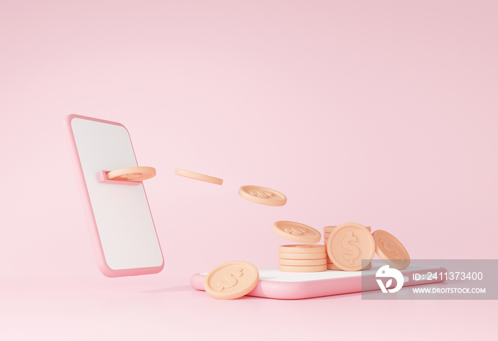 Money payment transfer online concept into application Internet banking on smartphone, pink pastel background illustration minimal style, 3d rendering