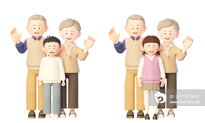 Happy grandparents 3 family 3d illustration set, grandmother, grandfather, grandchild, granddaughter