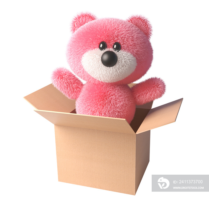 Teddy bear with soft pink fur surprises everyone by appearing out of a cardboard box, 3d illustration