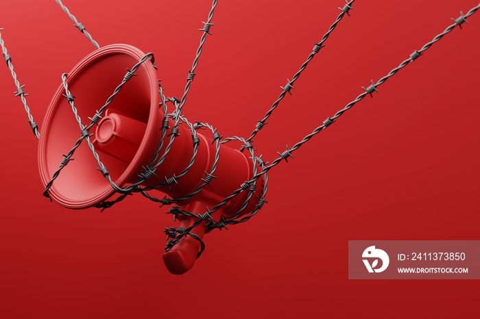 Red Megaphone with black wiggle barbed wire 3D rendering, Protest against dictatorship threaten censored press concept poster and social banner horizontal design background with copy space