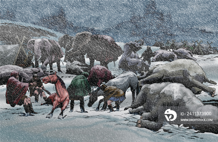 Hannibal. Elephants die from the cold and snow in the Alps during the Second Punic War