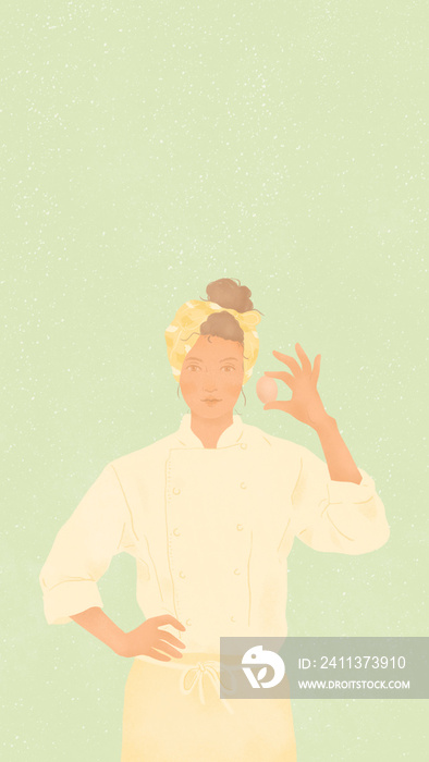 charming positive young woman chef holding an egg