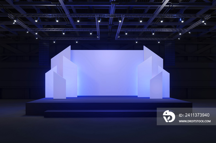 Empty stage Design for mockup and Corporate identity,Display.Platform elements in hall.Blank screen system for Graphic Resources.Scene event led night light staging.3d Background for online.3 render.