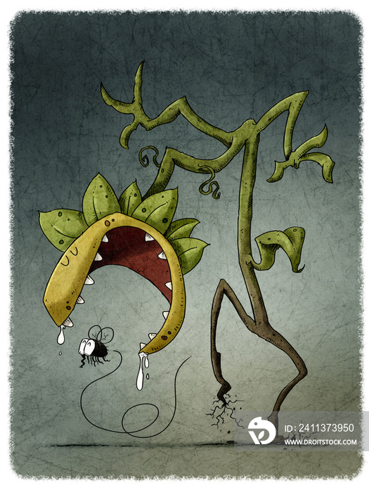 carnivorous plant walking behind a fly that is going to eat. funny illustration.