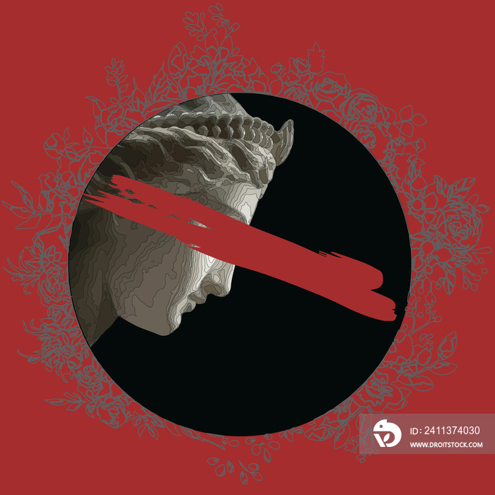 3D rendering of a pop art edit of a Greek sculpture in a round black frame on a red background