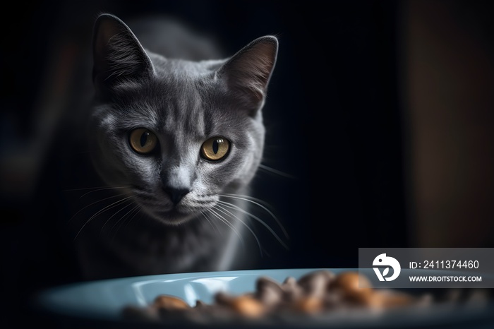 A hungry gray cat eagerly reaches for a bowl of food.