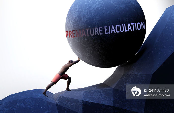 Premature ejaculation as a problem that makes life harder - symbolized by a person pushing weight with word Premature ejaculation to show that it can be a burden, 3d illustration