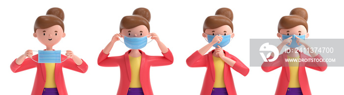 How to wear a mask correct. Woman presenting the correct method of wearing a mask,To reduce the spread of germs, viruses and bacteria. COVID-19 pandemic.3d rendering,conceptual image.