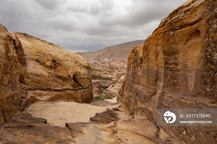 Rocky sandstone mountains landscape in Jordan desert near Petra ancient town, Jordan