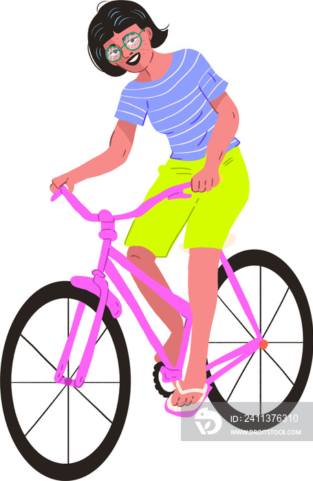 child riding bike in flipflops and glasses transparent background