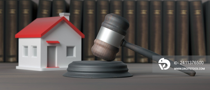 House model and law gavel on a wooden office desk, banner. 3d illustration