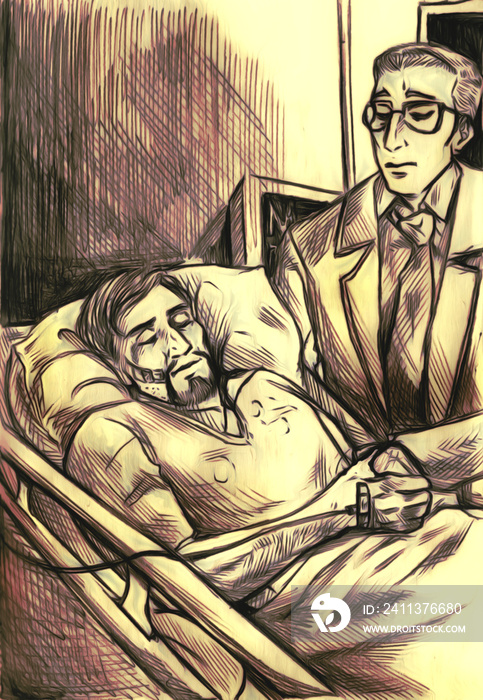 Illustration of a tall man with short hair holding the hand of another man that lies in a hospital bed