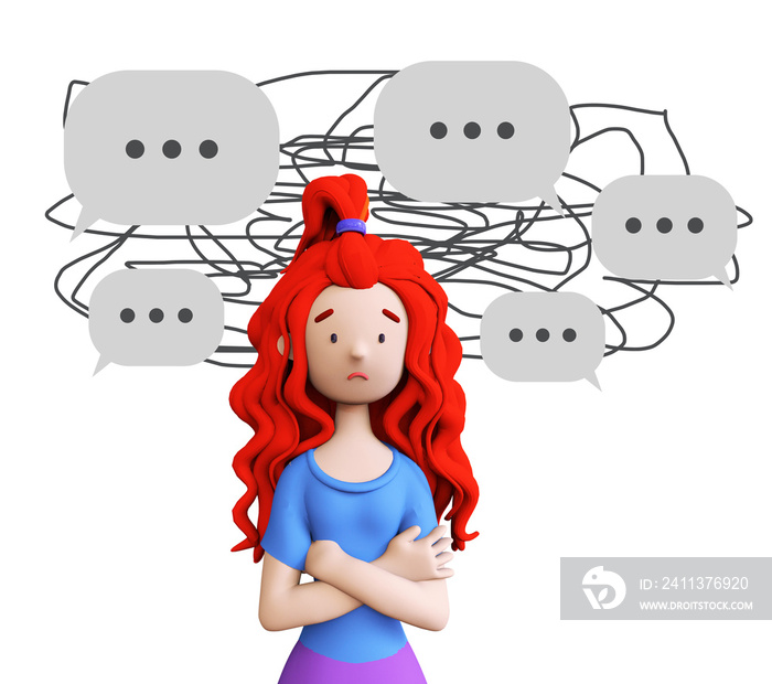 Girl with psychological problems due to social pressure, frustration, shame and resentment public opinion. Trendy 3d illustration.