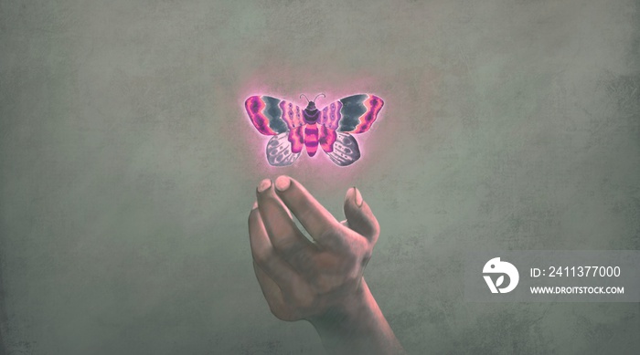 Butterfly with a hand, surreal art, inspiration hope freedom imagination idea and dream concept, 3d illustration, conceptual artwork,