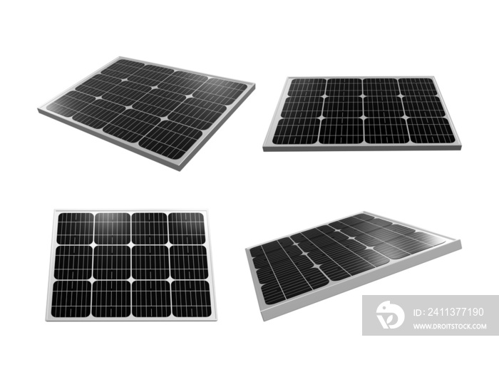 3d rendering of small shiny solar panels from various perspectives